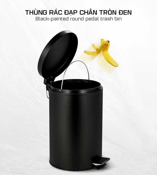 Thùng rác đạp chân đen 8L tròn phun sơn