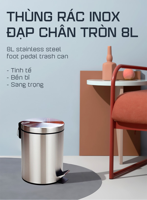 Thùng rác inox đạp chân tròn 8L