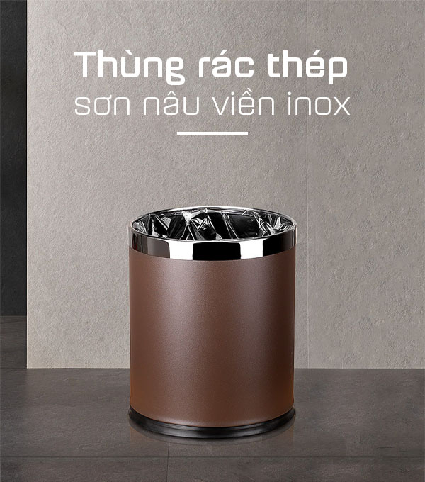 Thùng rác thép sơn nâu viền inox trắng Ø22