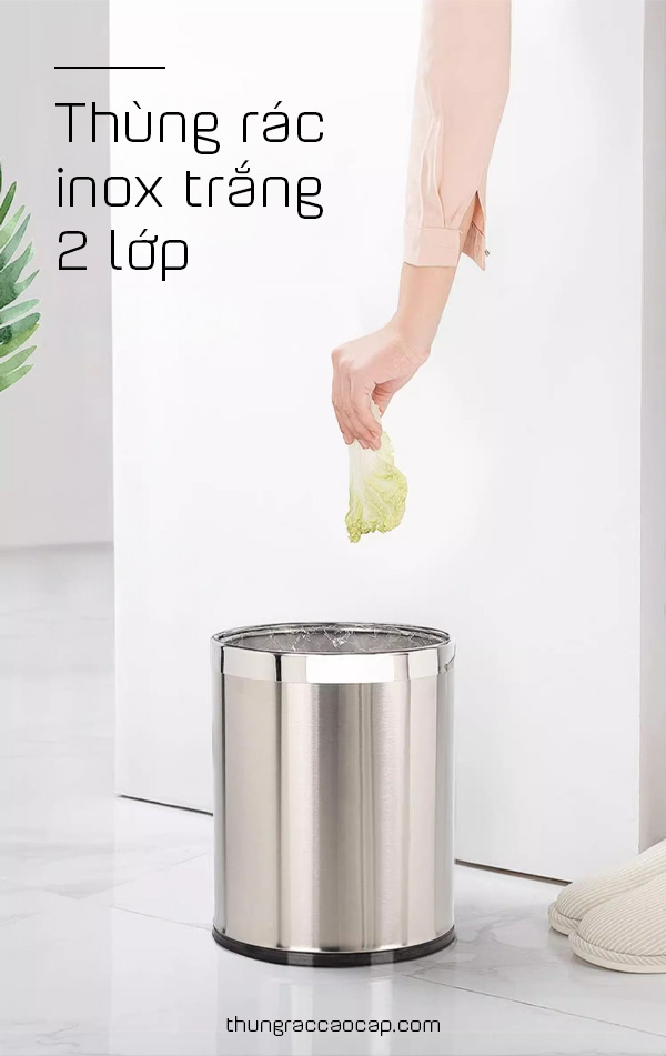 Thùng rác inox trắng 2 lớp không nắp